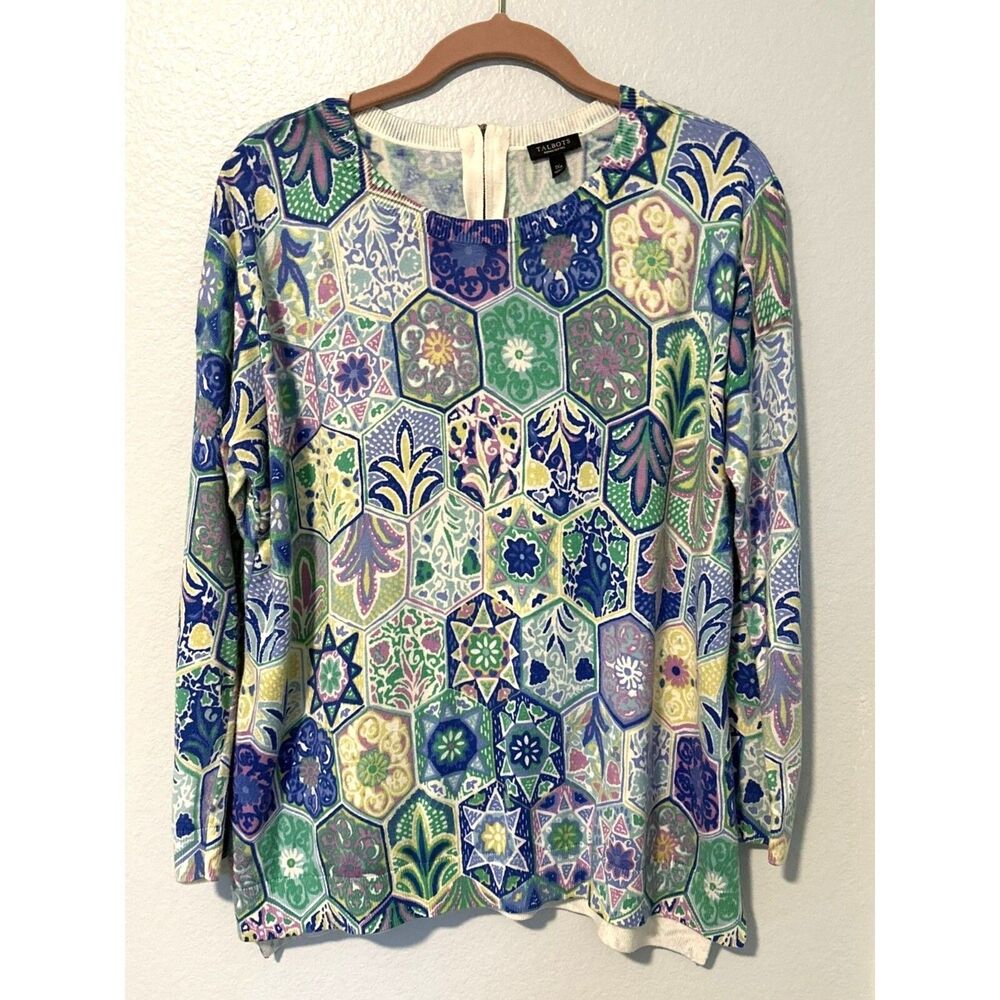 Talbots Petites Womens Colorful Patterned Sweater 1XP Back Zipper Drop Shoulder